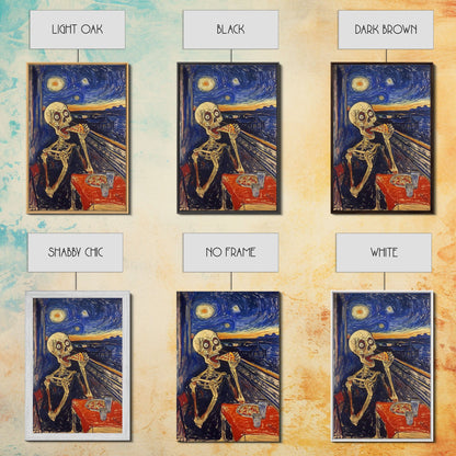 Spooky Skeleton Dude Eatin' a Pizza, Starry Night Inspired Funny Halloween Art, Framed Canvas Print