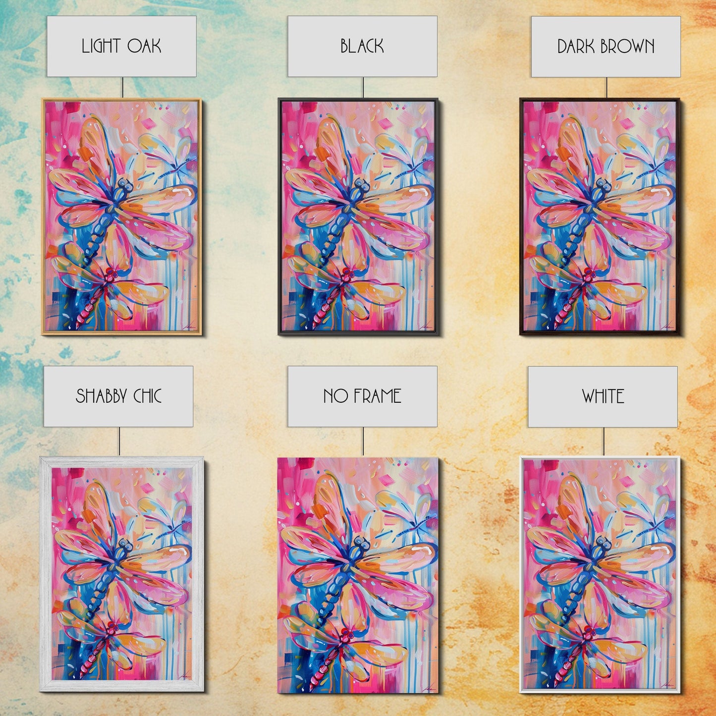 Trio of Colorful Dragonflies in Abstract Art - Framed Canvas Print, Nature-Inspired Wall Art, Vibrant Living Room Decor, Bedroom Art