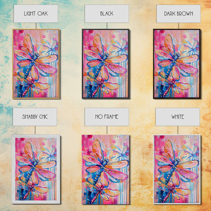 Trio of Colorful Dragonflies in Abstract Art - Framed Canvas Print, Nature-Inspired Wall Art, Vibrant Living Room Decor, Bedroom Art