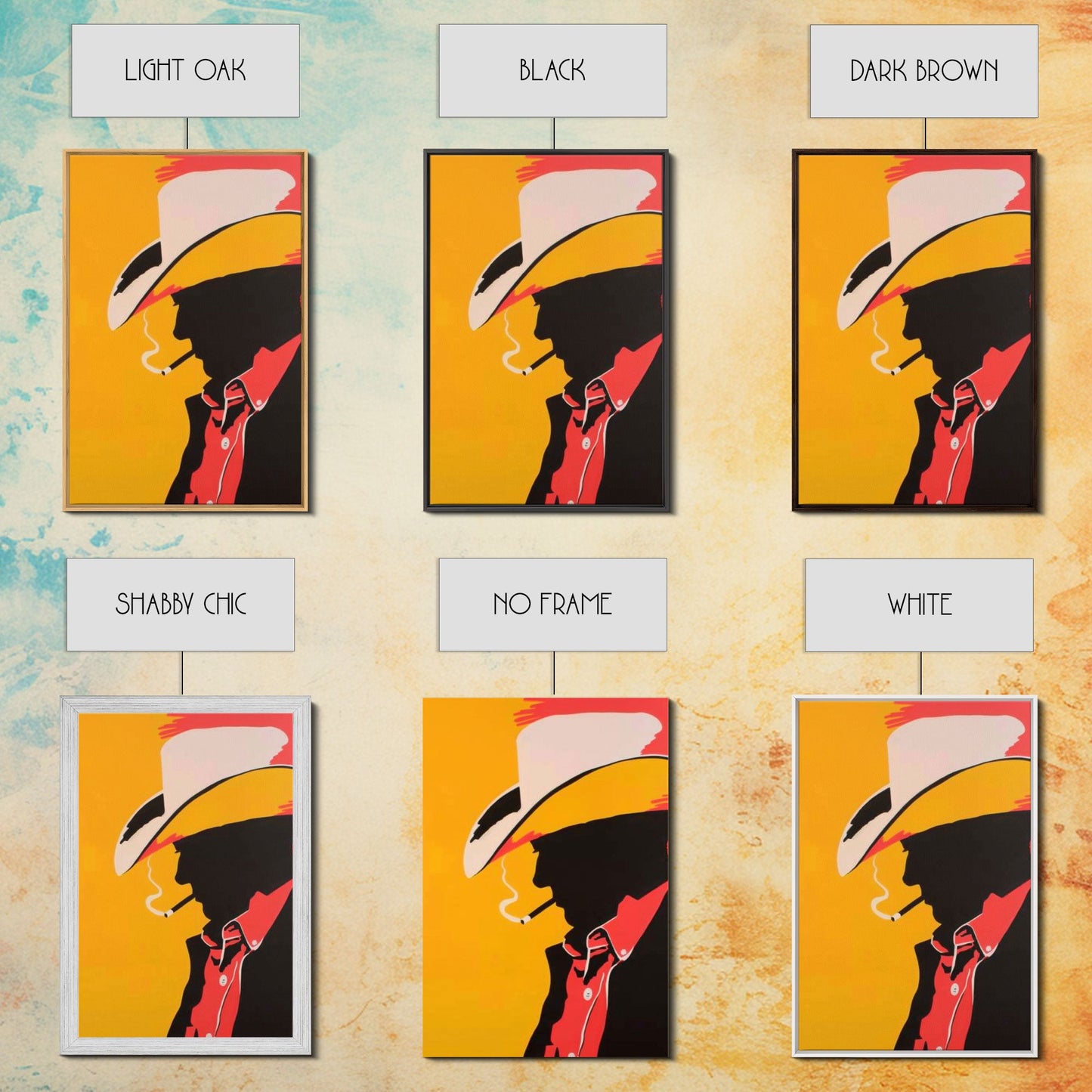 Cowboy Silhouette with Hat and Cigarette - Framed Canvas Print, Western Pop Art, Rustic Decor for Living Room or Office