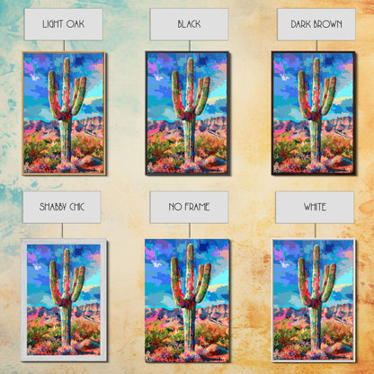 Majestic Saguaro Cactus in Colorful Desert Landscape - Framed Canvas Print, Vibrant Southwest Decor, Living Room Art, Cactus Wall Art