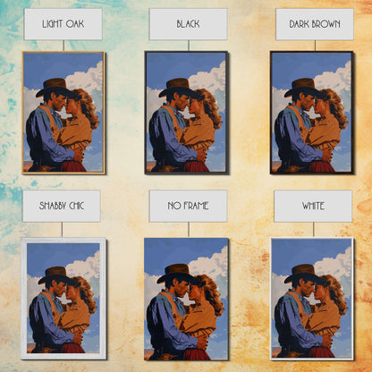 Classic Western Love Scene Under Blue Sky - Framed Canvas Print, Rustic Cowboy Decor, Living Room Art, Romantic Wall Art for Home