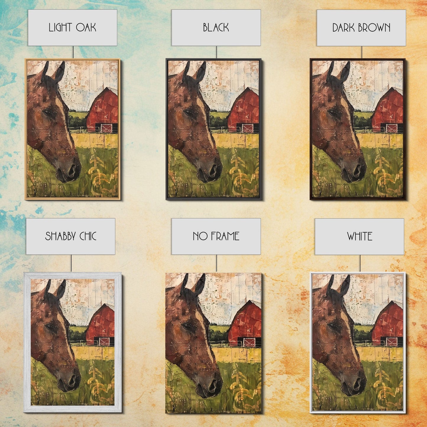 Rustikale Bauernhofkunst mit Pferd und Scheune – Gerahmter Leinwanddruck, Wohnzimmerdekoration im Landhausstil, Wandbild mit Pferden, rustikale Wohndekoration