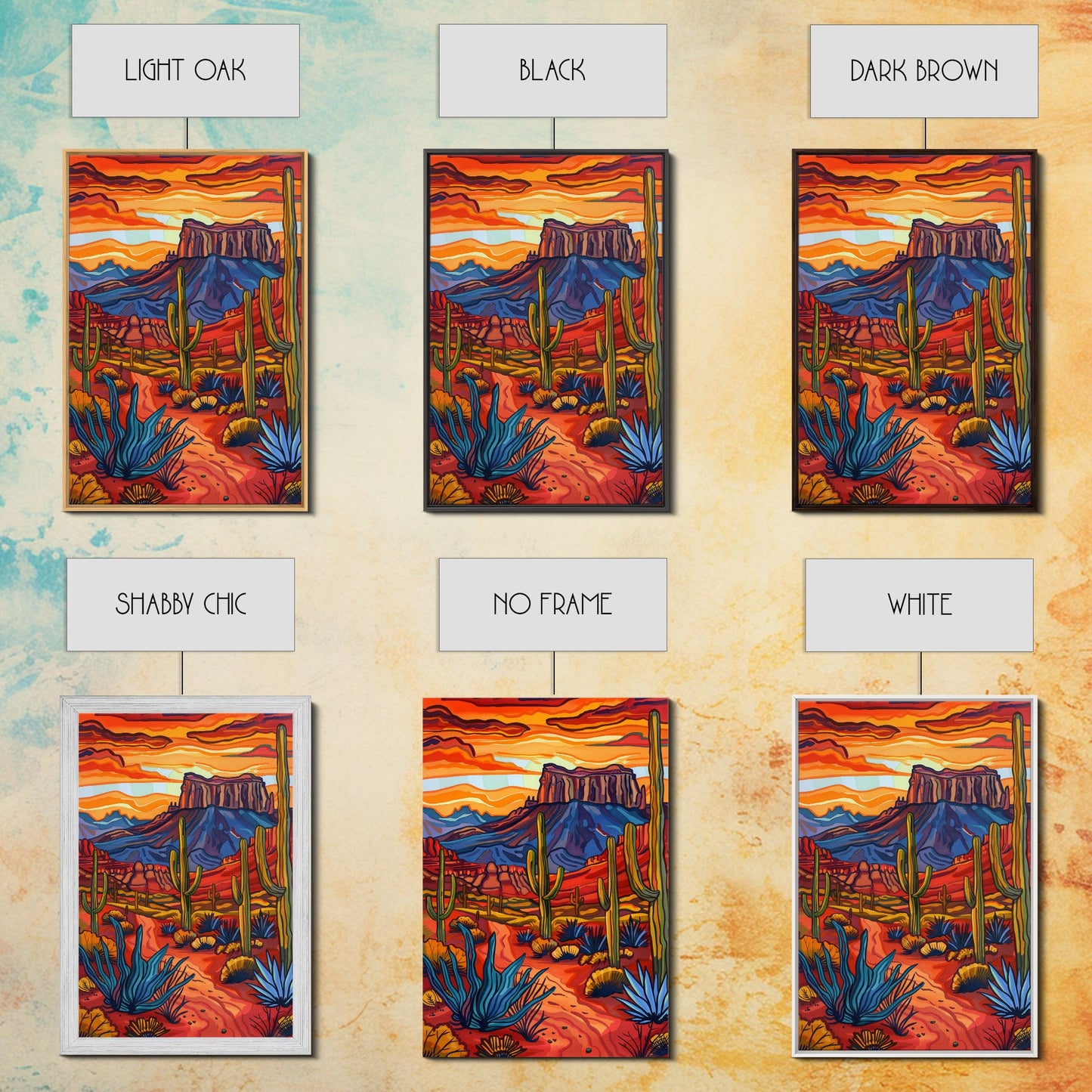Framed Canvas Print, Bold Desert Landscape with Saguaro Cacti and Mountains, Unique Wall Art for Living Room or Bedroom