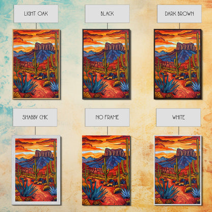 Framed Canvas Print, Bold Desert Landscape with Saguaro Cacti and Mountains, Unique Wall Art for Living Room or Bedroom