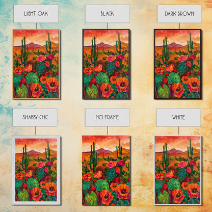 Southwest Desert Landscape with Cacti and Flowers, Colorful Wall Art for Living Room or Bedroom, Framed Canvas Print