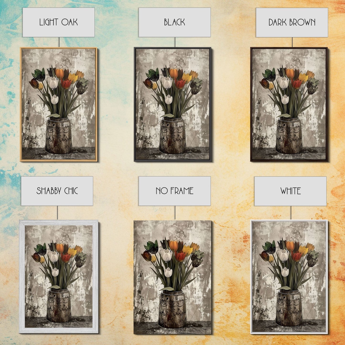 Rustic vase filled with tulips against a distressed background Framed Canvas Print - floral decor, farmhouse wall art, rustic flower print