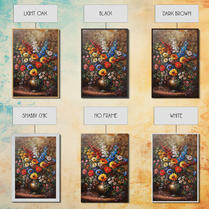 Bold Flower Bouquet Art on Dark Background - Framed Canvas Print, Vibrant Floral Wall Art for Living Room, Modern Artwork, Flower Decor