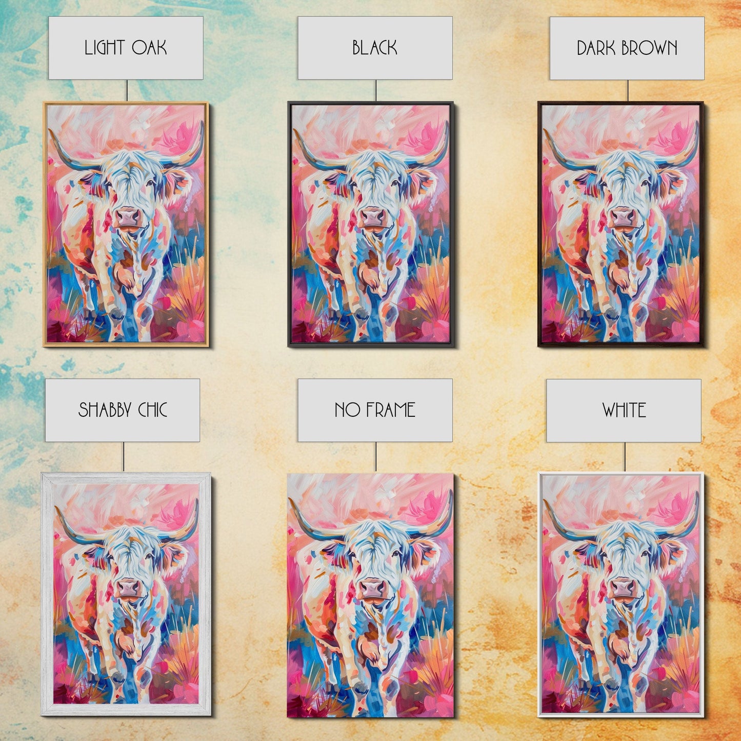 Colorful Highland Cow Art - Rustic Farmhouse Wall Decor, Vibrant Animal Painting, Living Room Art, Highland Cow Canvas Print