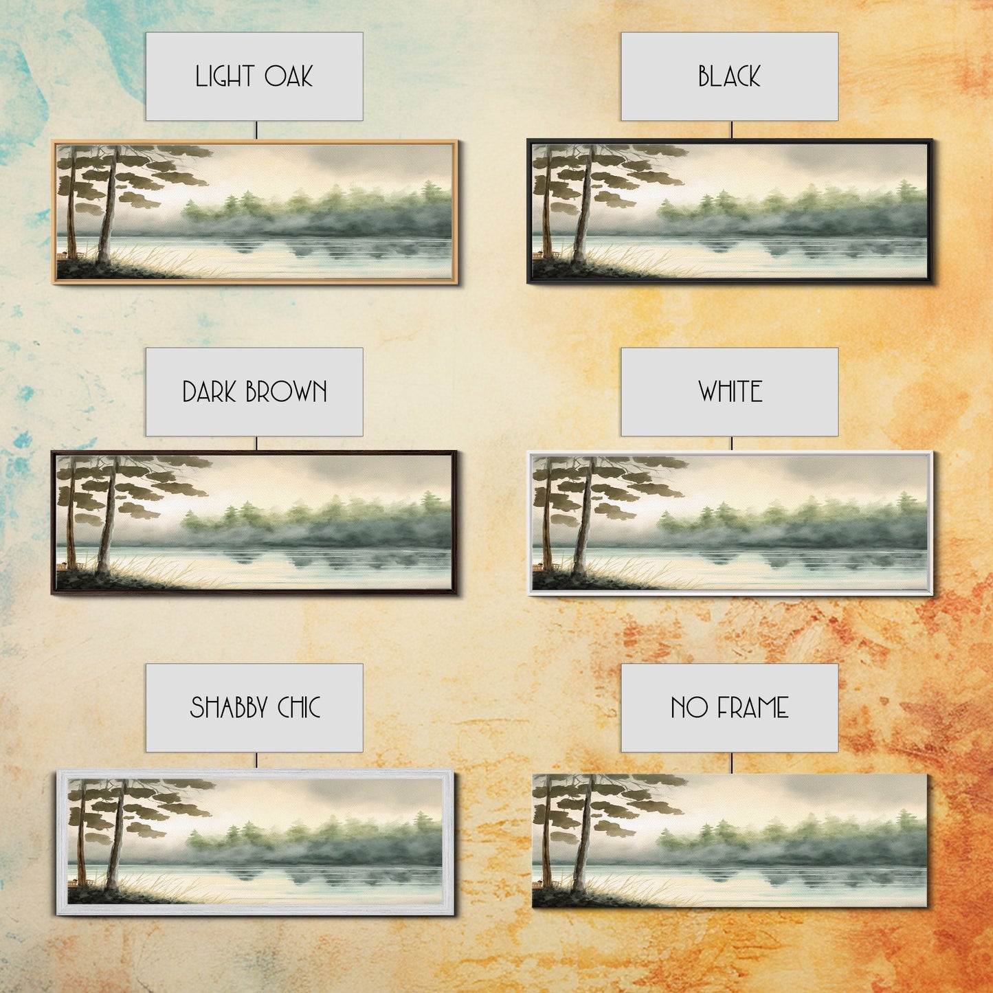 Panoramic Framed Canvas Print of Misty Fog Covered Lake and Pine Tree Forest, Perfect for Living Room, Bedroom