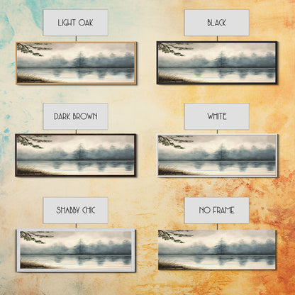 Panoramic Framed Canvas Print of Misty Fog Covered Lake and Pine Tree Forest, Perfect for Living Room, Bedroom, Fog Covered Lake