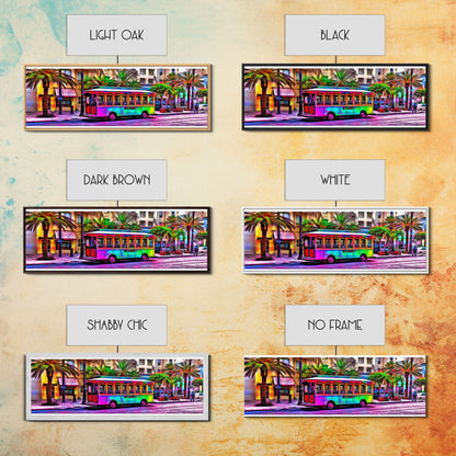 Colorful Vibrant Tram Wall Art, Palm Trees Art Print, Colored Pencil Sketch, Framed Canvas, Abstract Art, Panoramic, Wall Art, Canvas Print