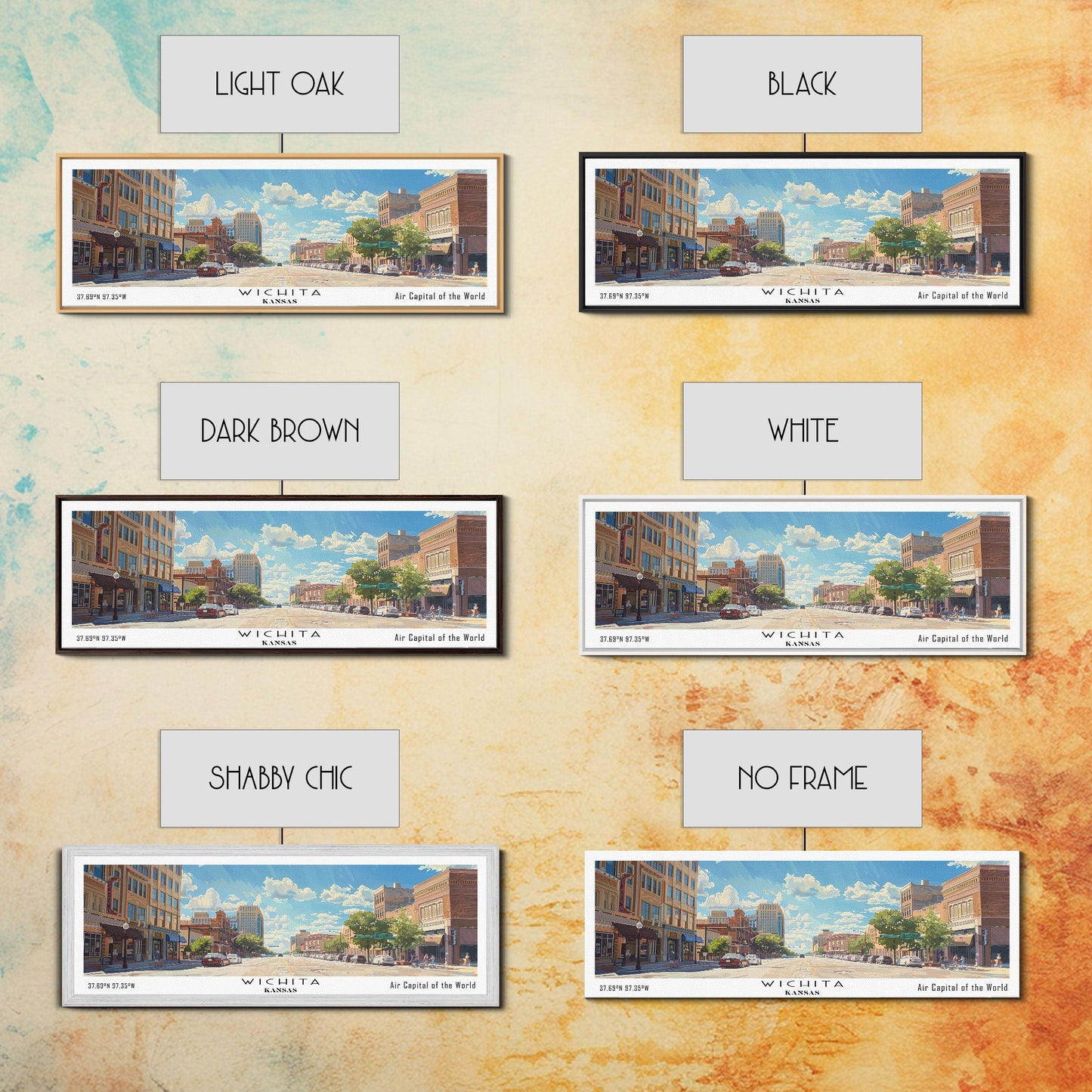 Wichita Kansas Panoramic Framed Canvas Print, Retro Travel Poster, Artistic Wall Art, Unique Living Room Decor, Office Gift, Original Artwork