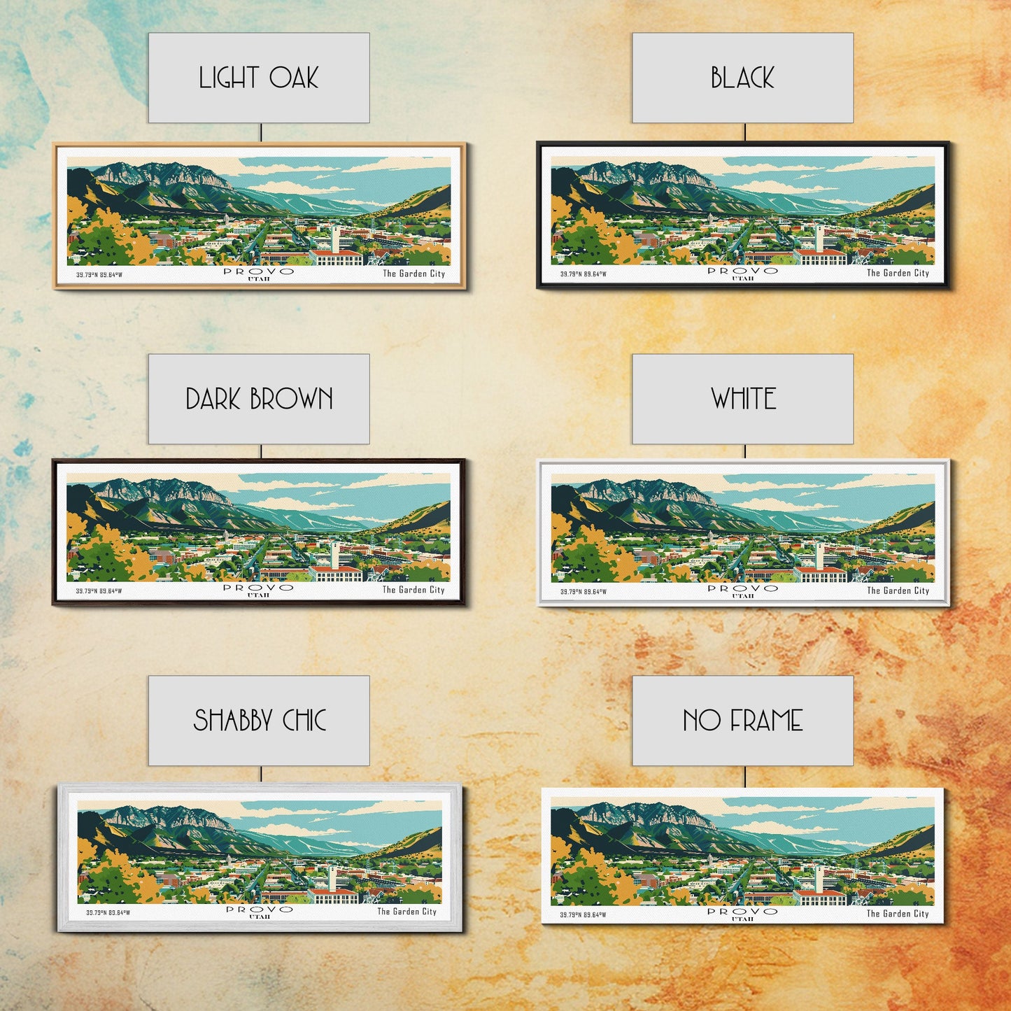 Panoramagemälde von Provo, Utah, gerahmter Leinwanddruck im Mid-Century-Modern-Stil, Retro-Pop-Art-Reiseposter, Stadtbild, Wanddekoration fürs Büro, Wohnzimmerbild