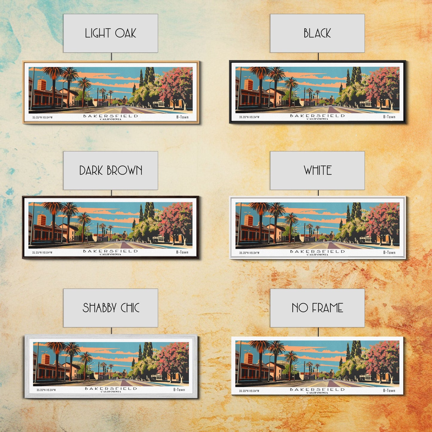 Bakersfield California Panoramic Painting, Framed Canvas Print, Mid Century Modern Wall Art, Retro Pop Art Travel Poster, Living Room Decor, City Art