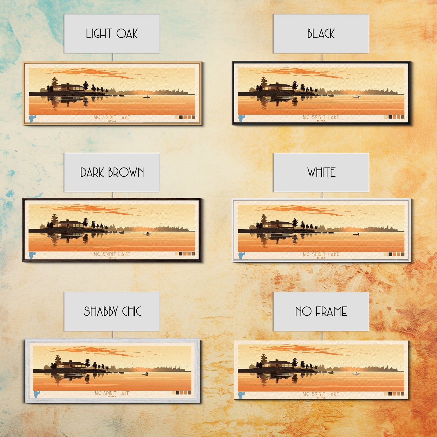 Big Spirit Lake Iowa Framed Canvas Print, Panoramic Wall Art, Midcentury Modern, Pop Art, Travel Poster, Scenic Lake House Art, Bedroom Decor