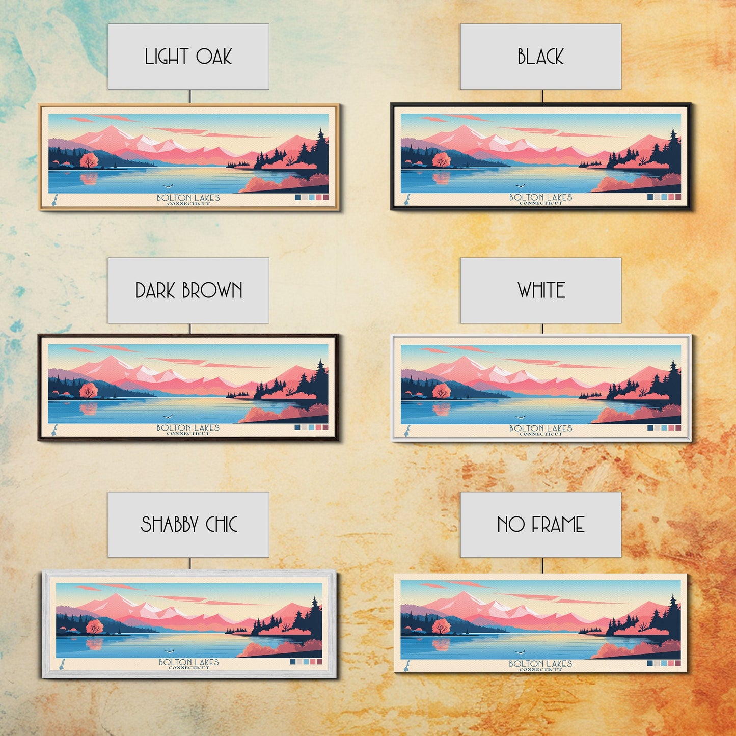 Bolton Lakes Connecticut Framed Canvas Print, Panoramic Wall Art, Midcentury Modern, Pop Art, Travel Poster, Scenic Living Room Art, Lake House Decor