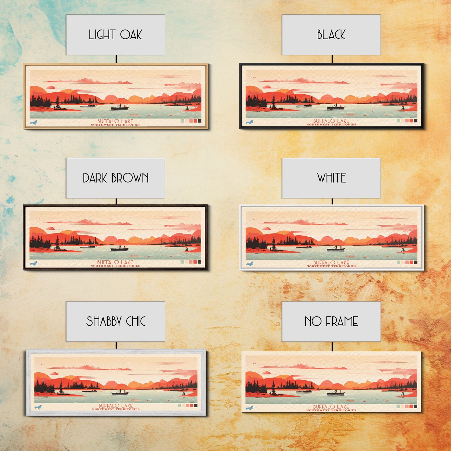 Buffalo Lake Northwest Territories Framed Canvas Print, Pop Art Panoramic Travel Poster, Midcentury Modern, Wall Art, Scenic Nature Painting, Bedroom Decor