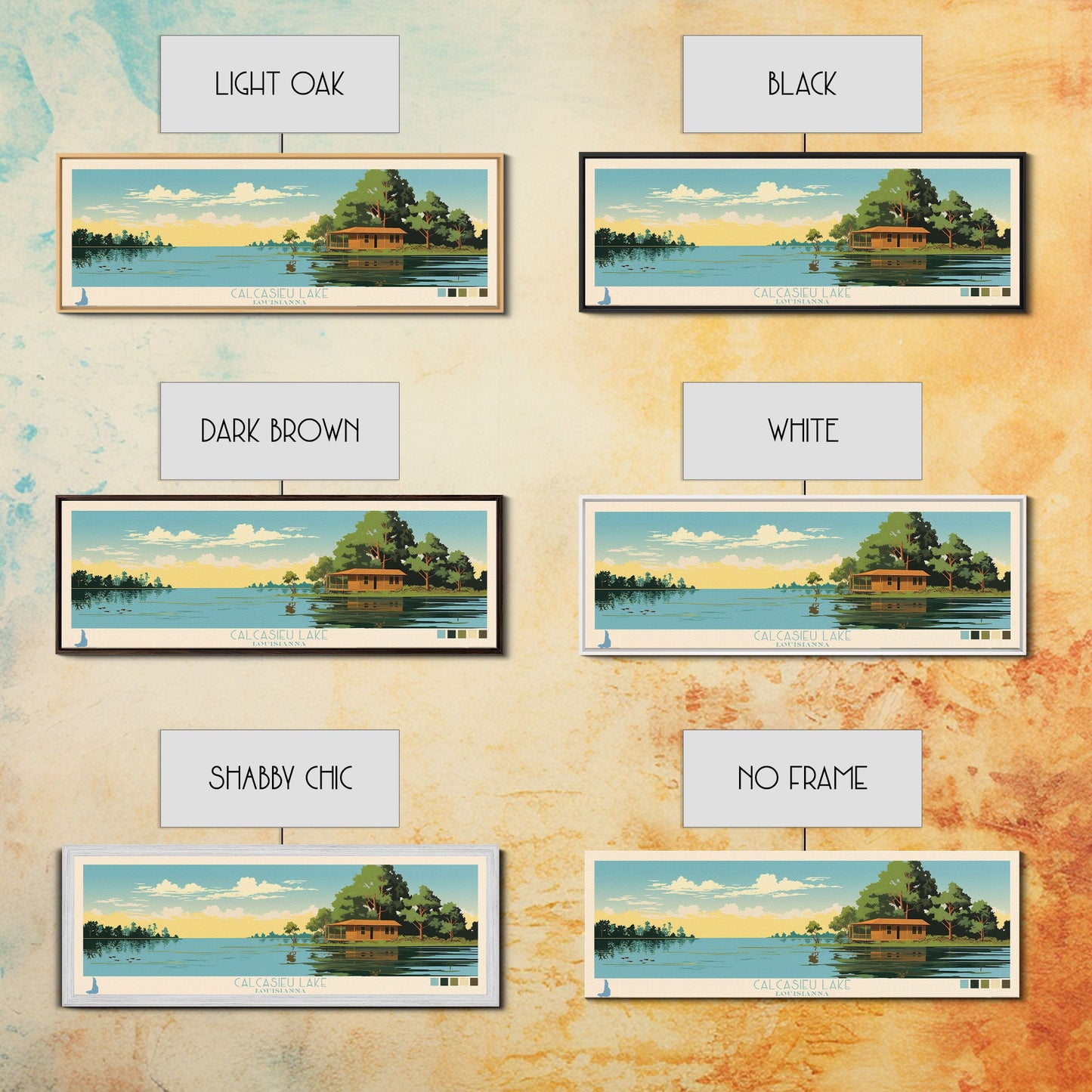 Calcasieu Lake Louisianna Framed Canvas Print, Pop Art Panoramic Travel Poster, Midcentury Modern, Wall Art, Scenic Nature Painting, Bedroom Decor