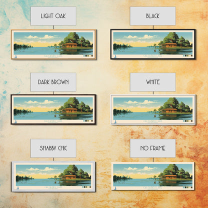 Calcasieu Lake Louisianna Framed Canvas Print, Pop Art Panoramic Travel Poster, Midcentury Modern, Wall Art, Scenic Nature Painting, Bedroom Decor