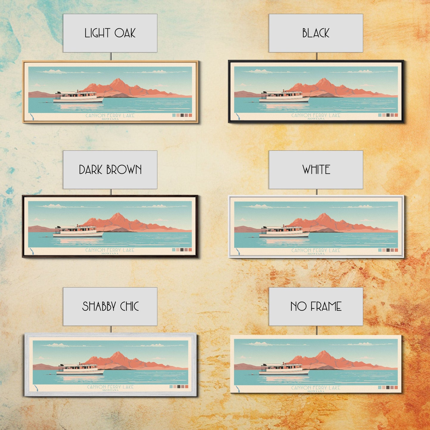 Canyon Ferry Lake Montana Framed Canvas Print, Pop Art Panoramic Travel Poster, Bedroom Decor, Midcentury Modern, Wall Art, Scenic Lake House, Nature Art