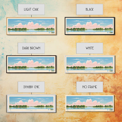 Coralville Lake Iowa Framed Canvas Print, Midcentury Modern Panoramic Wall Art, Living Room Decor, Pop Art, Travel Poster Art, Scenic Nature Painting, Lake House Decor