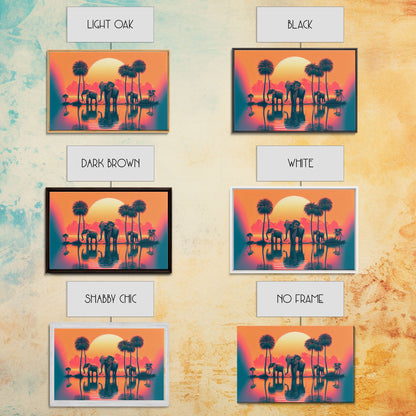 Sun beading down on a family of Elephants, framed canvas print