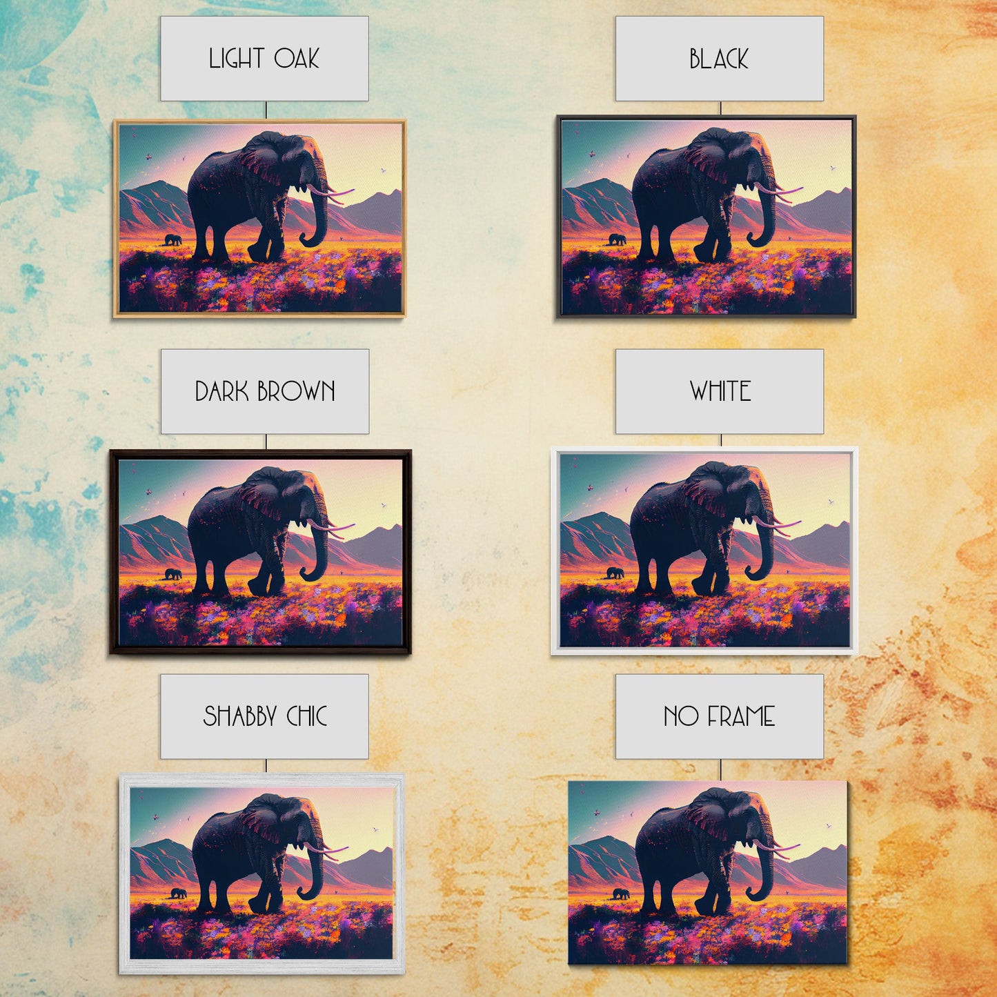 Elephants of Africa, Vibrant and colorful landscape, vaporwave, framed canvas print