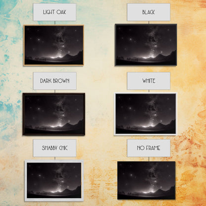 Black and white Watercolor of a starry night sky over a pine forest, framed canvas print