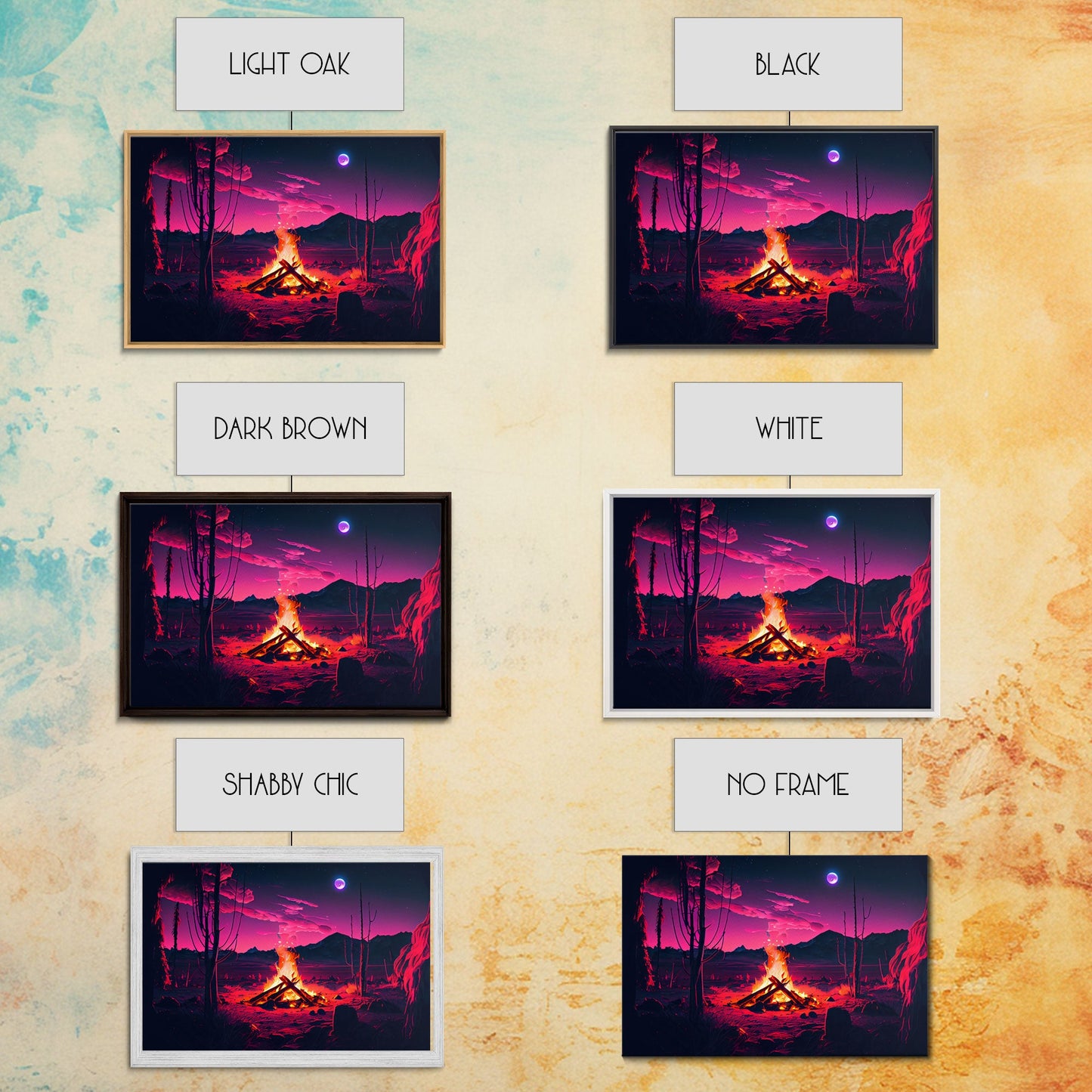 Primitive Art, Campfire Painting Print, Framed Canvas Print, Synthwave Farmhouse Decor