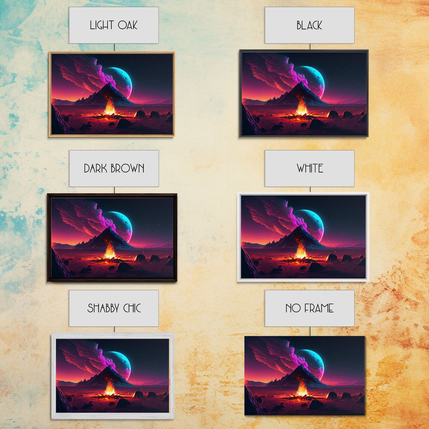 Campfire under a Full Moon, Framed canvas print, retro synthwave / outrun style primitive home decor