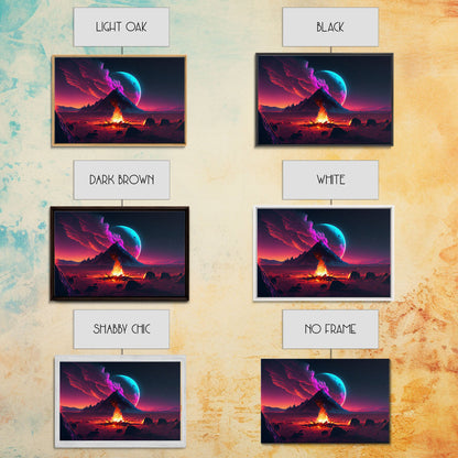 Campfire under a Full Moon, Framed canvas print, retro synthwave / outrun style primitive home decor