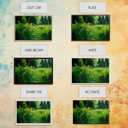 Beautiful field of wildflowers, Emerald green watercolor, framed canvas print, living room wall decor