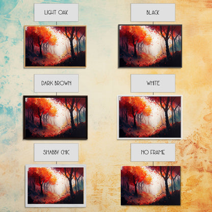 Autumn in the forest, orange and red leaves, framed canvas print, watercolor painting print on canvas, colorful wall art