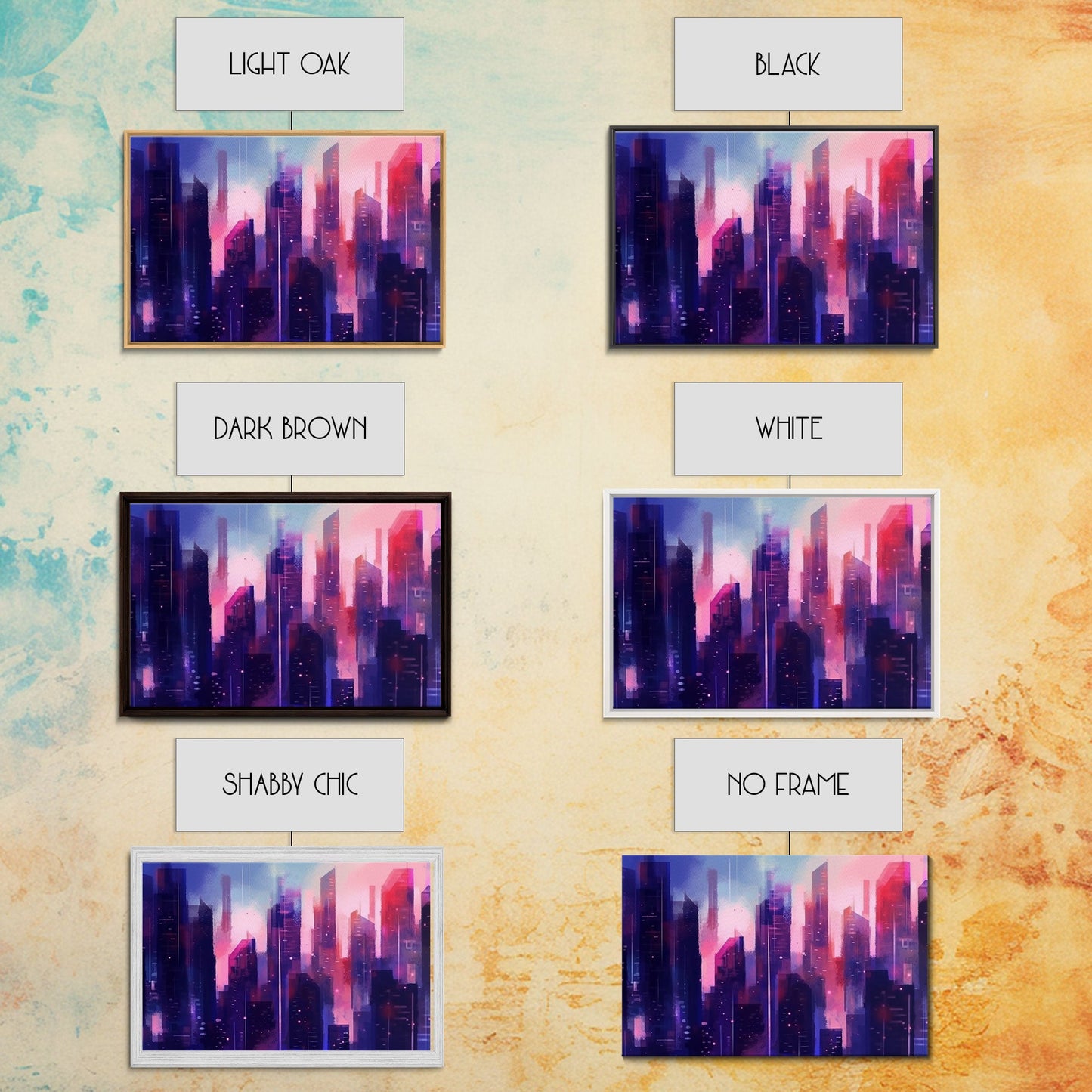 Buildings Wall Art - Framed Canvas Print - Original painting - Vaporwave Style - Watercolor colors - Pop Art Style - Living room art