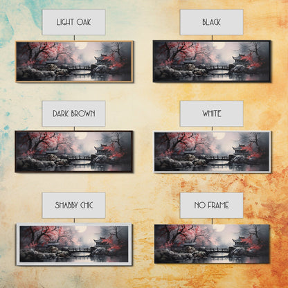 Japanese Hashi Bridge in The Spring, Framed Canvas Print, Japanese Maple Trees Along A Stream, Asian Inspired Artwork