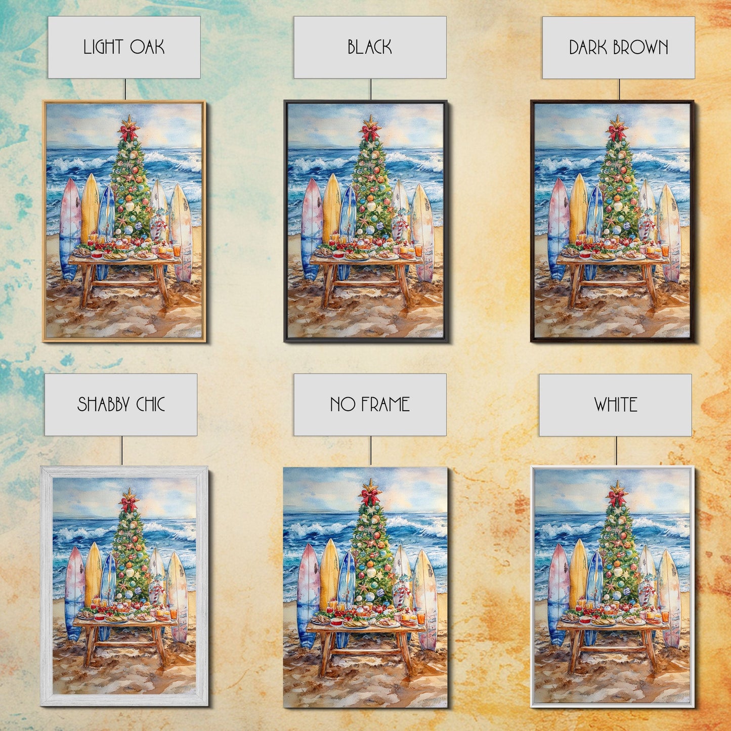 Christmas tree with surfboards on the beach, Framed Canvas Print tropical holiday wall art perfect beach Christmas decor holiday gift idea