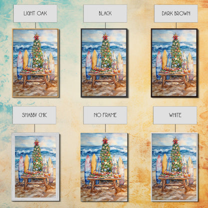 Christmas tree with surfboards on the beach, Framed Canvas Print tropical holiday wall art perfect beach Christmas decor holiday gift idea