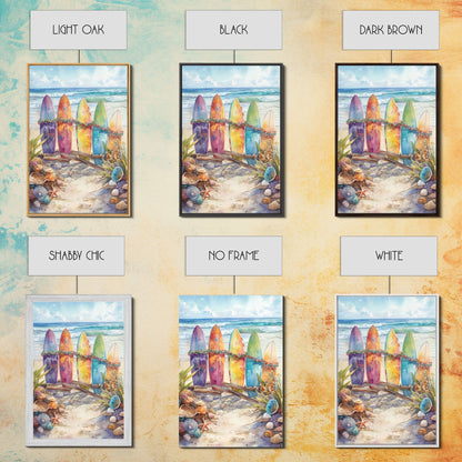 Weihnachts-Surfbretter am verschneiten Strand, gerahmter Leinwanddruck, tropische/maritime Weihnachtskunst oder Geschenkidee, Weihnachtsposter