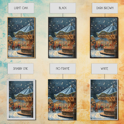 Christmas Carousel at a Snowy Night Market with Festive Lights and Ornaments, Framed Canvas Print for Christmas Wall Decor