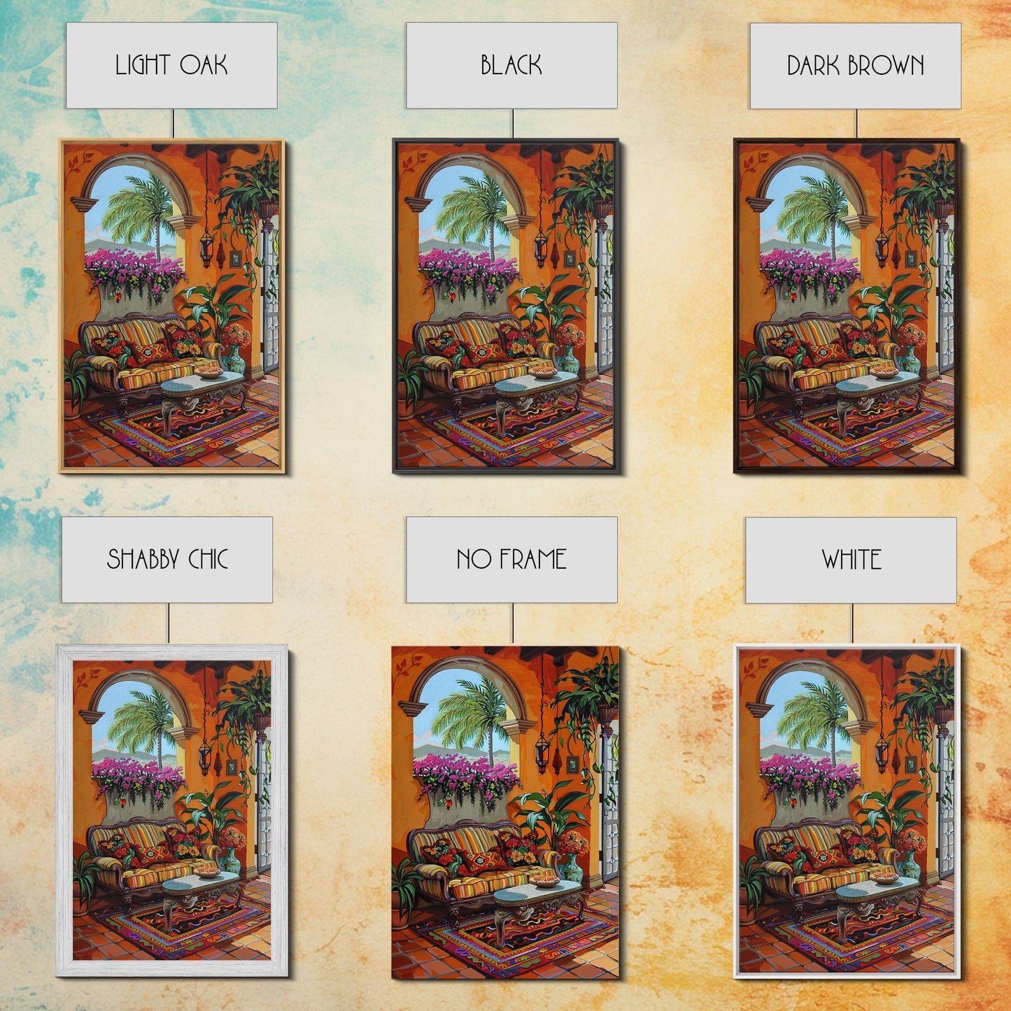 Mediterranean Courtyard Lounge Framed Canvas Print Spanish Style Home Decor Best Gift Bright Seasonal Art Above Sofa Wall Art