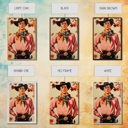 Cowboy Christmas Wall Art Canvas Print with Autumn Leaves, Seasonal Holiday Decor and Gift Idea 2024