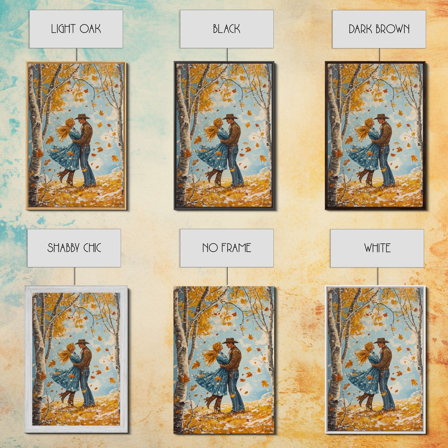 Romantic Fall Couple Framed Canvas Print - 2024 Autumn Love Country Cowboy Art Gift Idea for Fall Home Decor