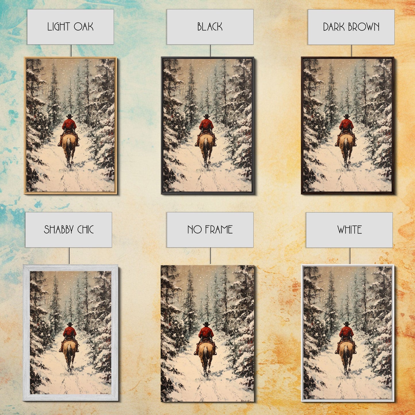 Cowboy on Horseback in Golden Autumn Trees Framed Canvas Print Rustic Christmas Wall Art Fall Decor Country Christmas Gift Seasonal Wall Art