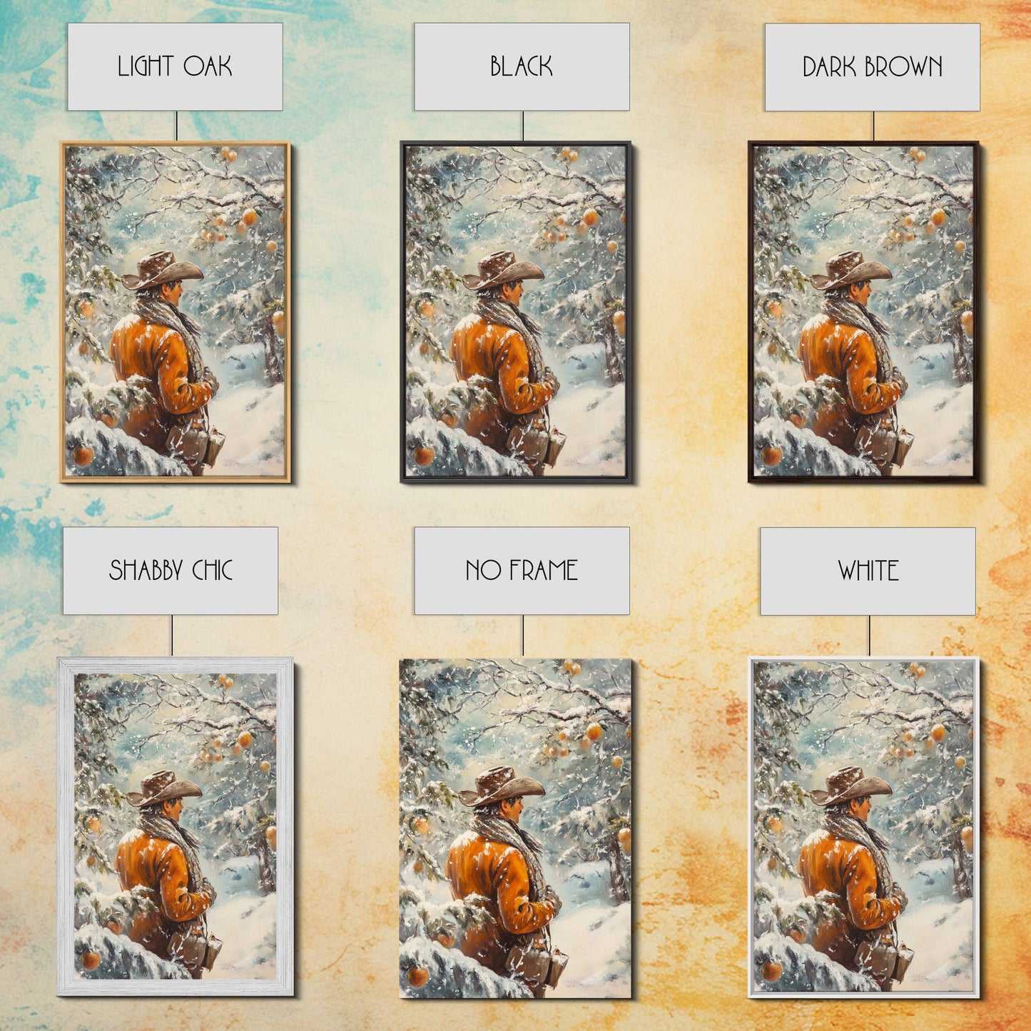 Cowboy in Snowy Orchard Canvas Print with Frosty, Christmas Wall Art Gift, Seasonal Decor, Winter Wonderland, Holiday Decor, Canvas Print