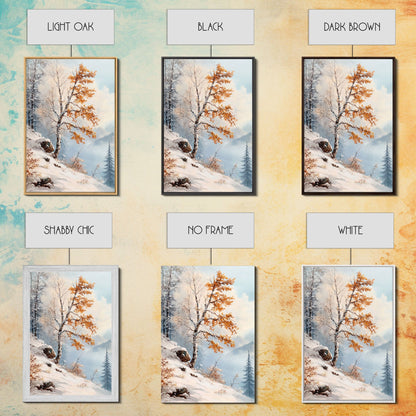 The Tree On The Mountain - Framed Canvas Print - Winter Wonderland Landscape Painting - Tall Christmas Decor