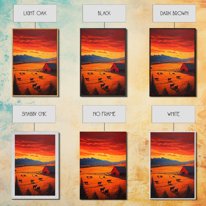 Golden Fields and Barn Framed Canvas Print, Pastoral Landscape with Mountains Grazing Cows, Rustic Fall Wall Art Farmhouse Ranch Style Decor