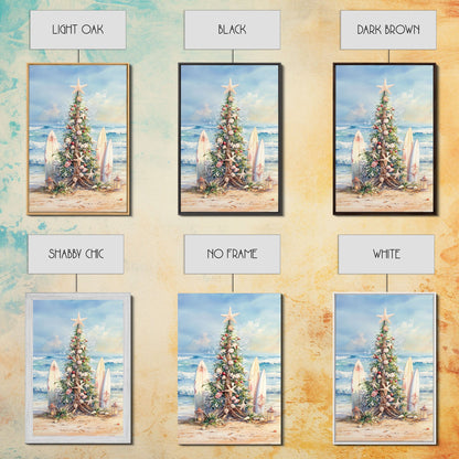 Coastal Christmas tree with surfboards at the beach Framed Canvas Print, tropical holiday wall art beach Christmas decor Christmas prints