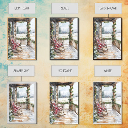 Farmhouse porch decorated with garland and cozy rocking chair, Framed Canvas Print winter decor idea for rustic home Christmas wall art