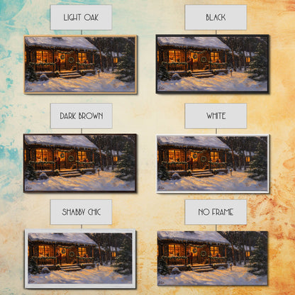 Festive Log Cabin Winter Scene Framed Canvas Print Christmas Wall Art, Rustic Holiday Art, Cozy Christmas Scene, Seasonal Wall Decor Gift